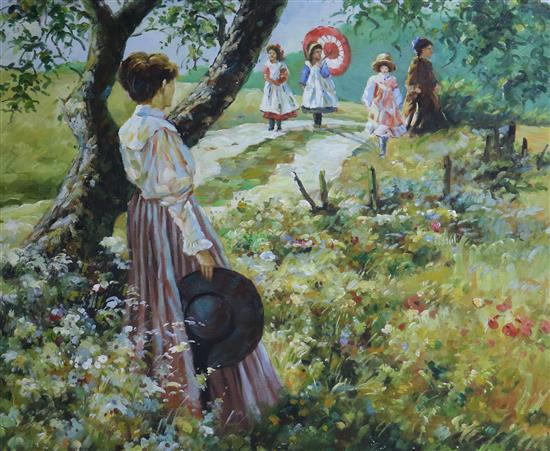 E. Lawson, oil on canvas, girls in a landscape, signed, 50 x 60cm